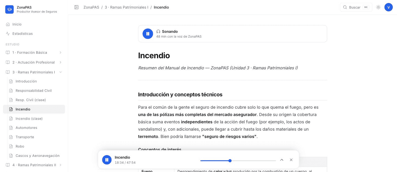 Un resumen de ZonaPAS sonando: el reproductor muestra «Incendio», 18:34 de 47:54