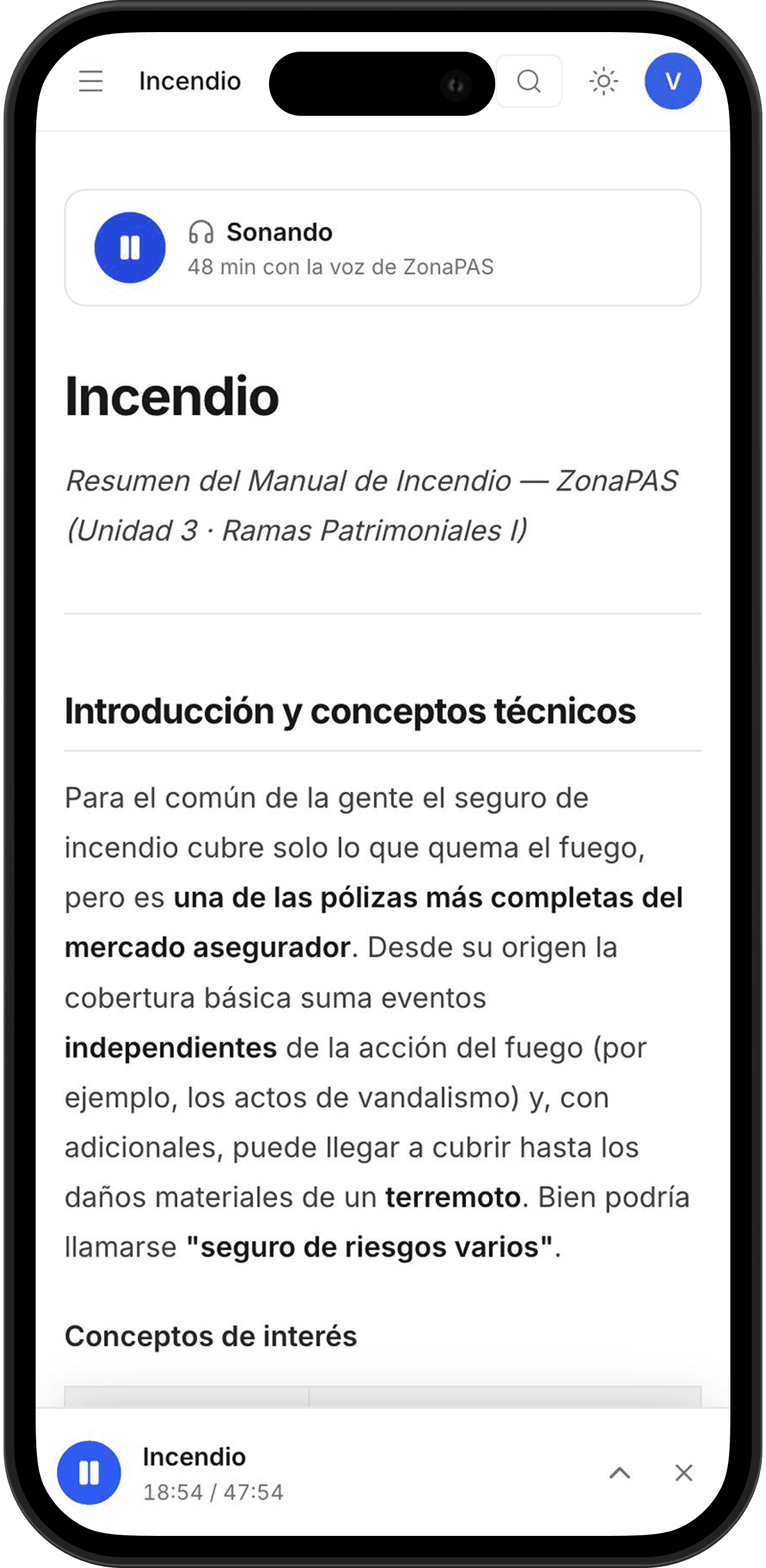 Un resumen de ZonaPAS sonando en el teléfono, con el reproductor abajo